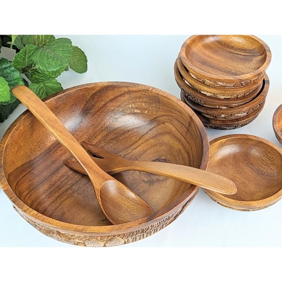 Vintage Hand Carved Wood Salad Bowl Set 10 Piece Polynesian Carved Wood Bowls - Picture 3 of 10